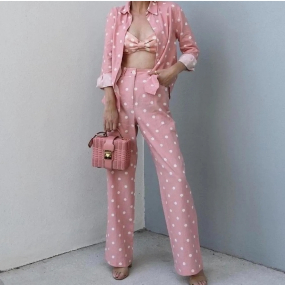 Zara pink & ivory polka dot wide leg pants
